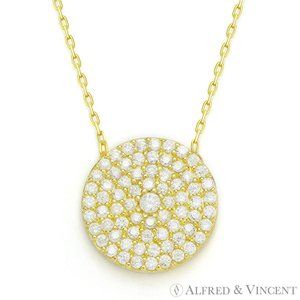 Circle Disc CZ Crystal Pendant in .925 Sterling Silver w/ 18k Yellow Gold